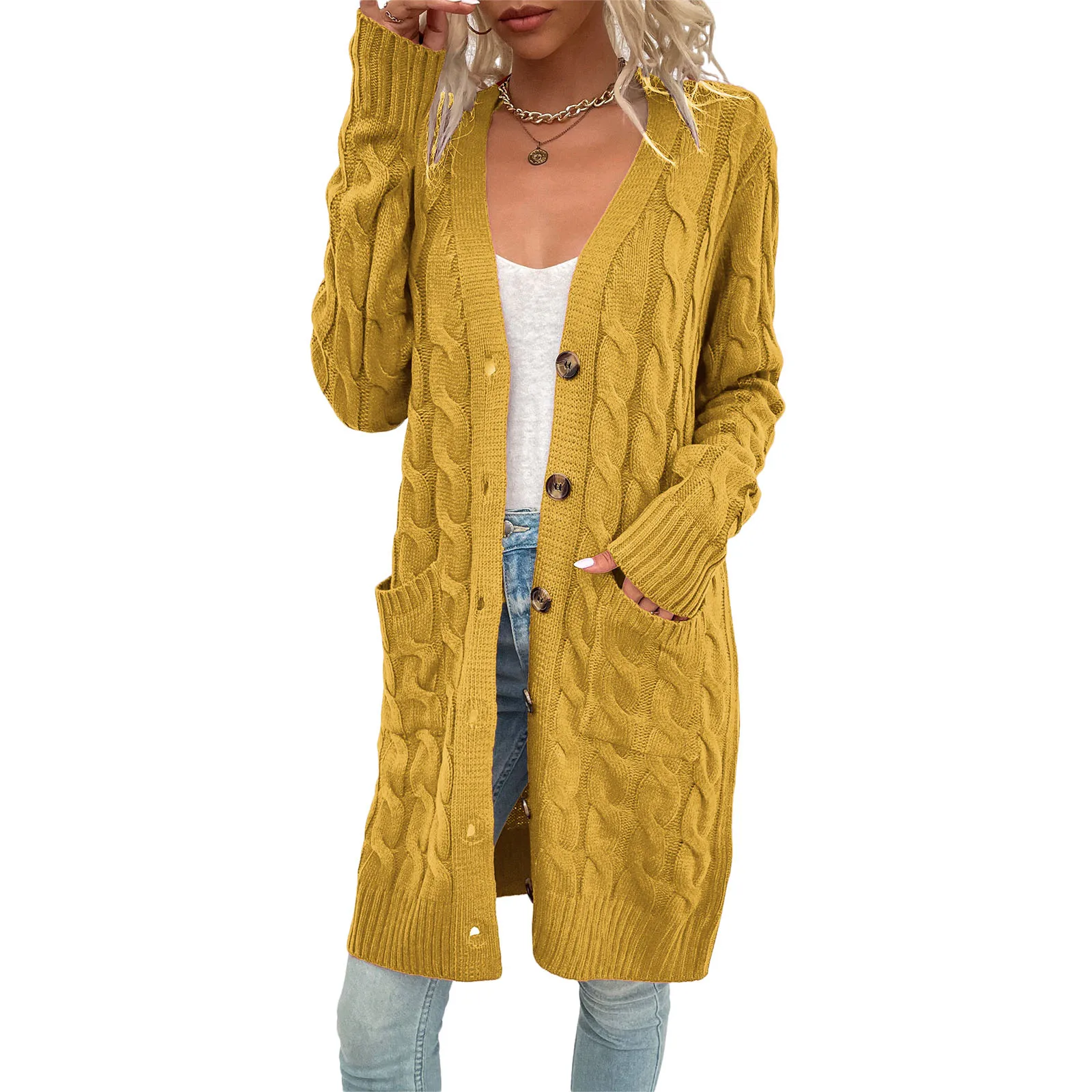 

Autumn Women\u2019s Casual Long Sleeve Cardigan Fashion Solid Color Single-breasted Mid-length Knitted Coat