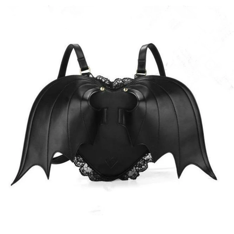 black Harajuku style Gothic Lolita Heart-shaped Lace Devil Bat wings Backpack Street Vintage Packsack Student School bag Fashion