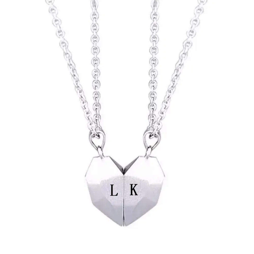 

2pcs/set High Quality Magnetic Couple Necklace Stainless Steel Lovers Heart Pendant Laser Engraving 26 Letters Charm Necklace