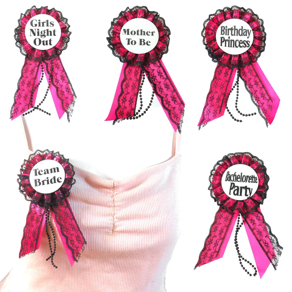 

12pcs Pink lace ribbon badge round girls night out brooch mother to be button happy birthday princess bachelorette party event