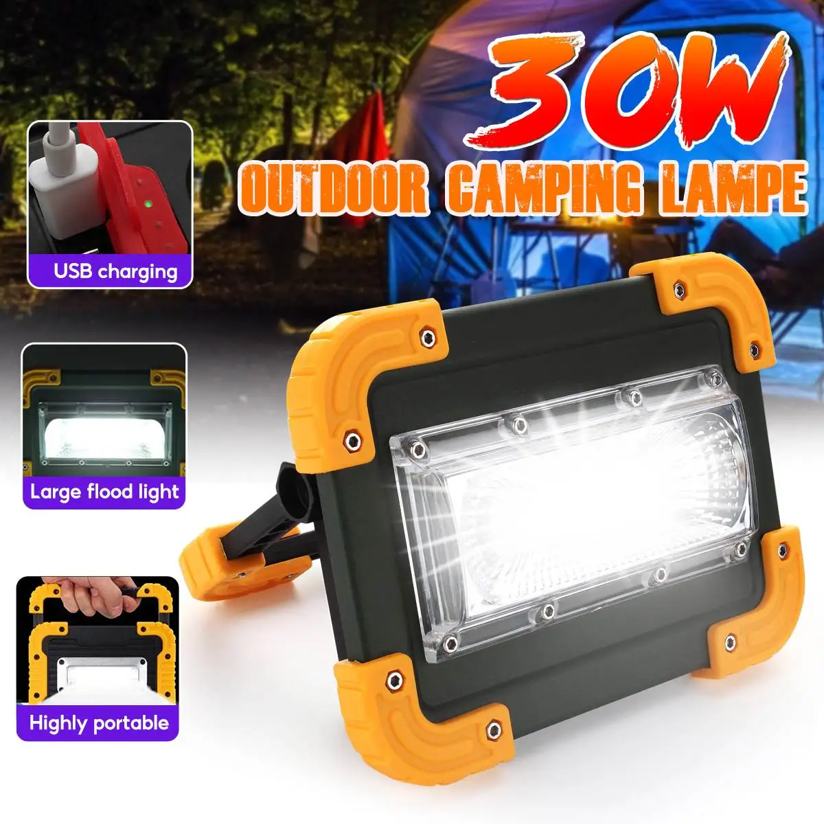 

30W Led Portable Spotlight 3000lm Super Bright COB Led Work Light USB Rechargeable Outdoor Camping Lampe Led Flashlight by 18650