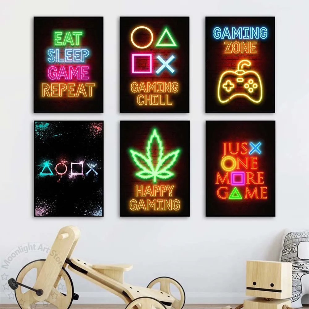 

Game Neon Poster Gaming Gamer Quotes Wall Art Sleep Game Repeat Canvas Painting Home Decor Prints Picture Boys Playroom Cuadros