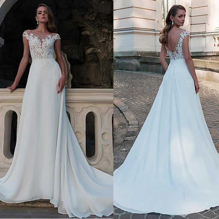 

Fashionable Chiffon Bateau Neckline A-Line Wedding Dress With Beading & Lace Appliques Open Back Bridal Gowns