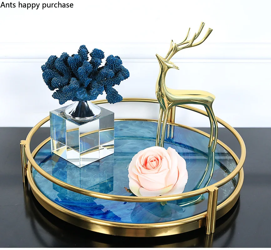 Европейский стиль синий Агат камень узор металлический поднос круглый