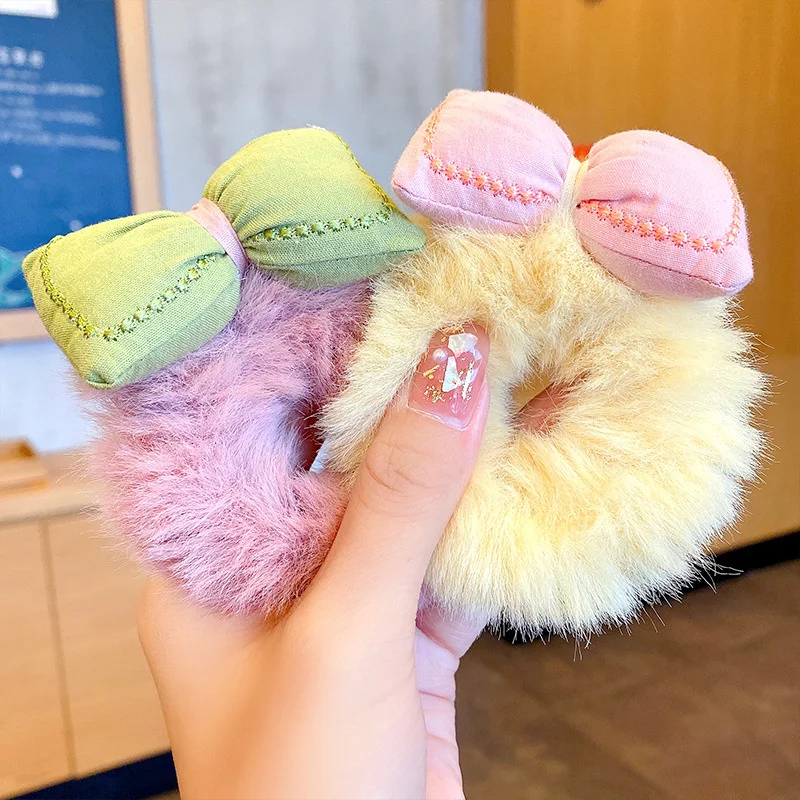 

Bow Plush Scrunchies For Women Girl Ponytail Holder Hair Accessories Fashion Solid Color Elastic Hair Band Winter Hair Ties 2021