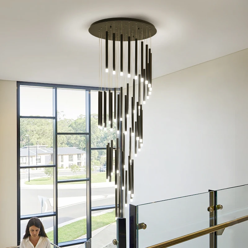 Lámpara led moderna minimalista para sala de estar, lámpara nórdica de Ambiente de moda para suelo doble, escalera en espiral, colgante largo