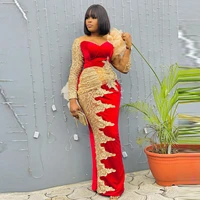 2021 red lace aso ebi evening dresses long sleeves women plus size velvet prom gowns lace appliques sheer party gown