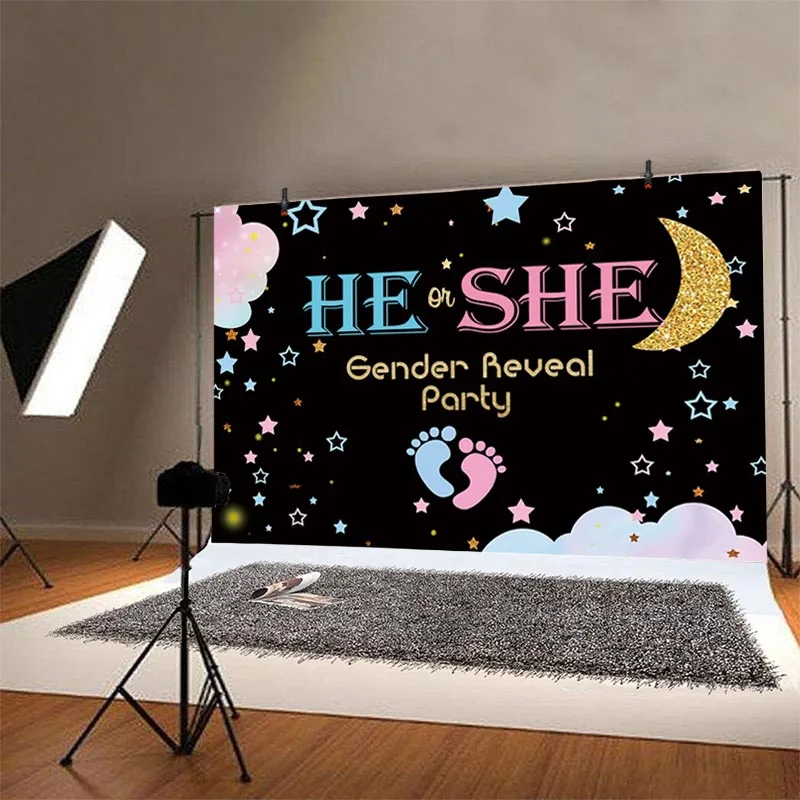 He Or She Gender Reveal Photo Backdrop Stars And Moon Baby Shower Party Custom Photography Background Decor Banner Supplies
