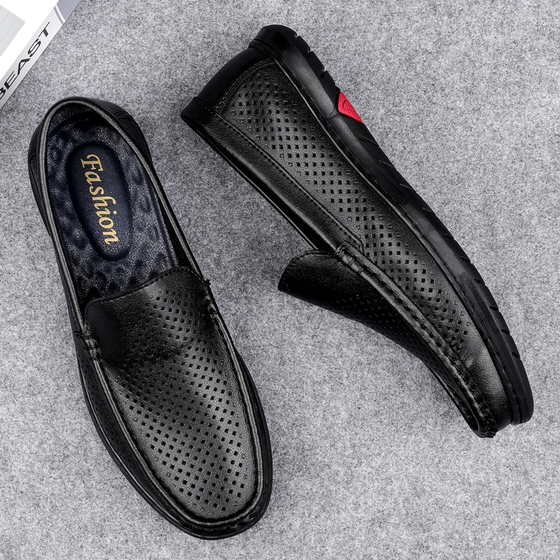 

Men Driving Shoes Casual Luxury Brand Summer Mens Loafers Leather Moccasins Comfy Breathable Slip on Flats Boat Shoes Black 2021