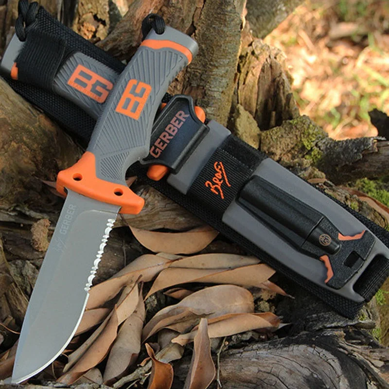 

Gerber Fixed Blade Bear Grylls Survival Knife 4.8"Combo Blade Rubber Grip Handle Straight Knife Gift Knife Sheath & Gift Box