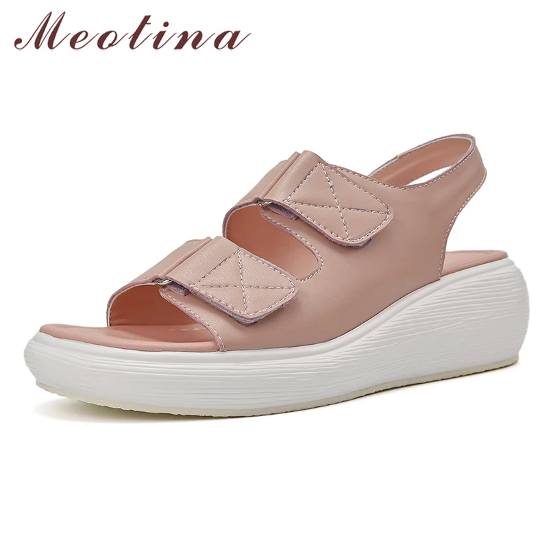 

Meotina Platform Sandals Women Natural Genuine Leather Shoes Wedges High Heel Sandals Round Toe Ladies Footwear Summer Yellow 41