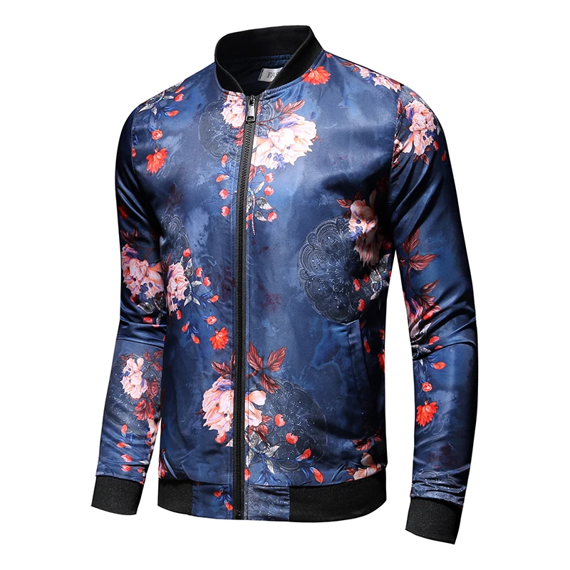 

Мужская бейсбольная куртка, Повседневная облегающая куртка с цветочным принтом, с воротником-стойкой, весна 2021, размера плюс