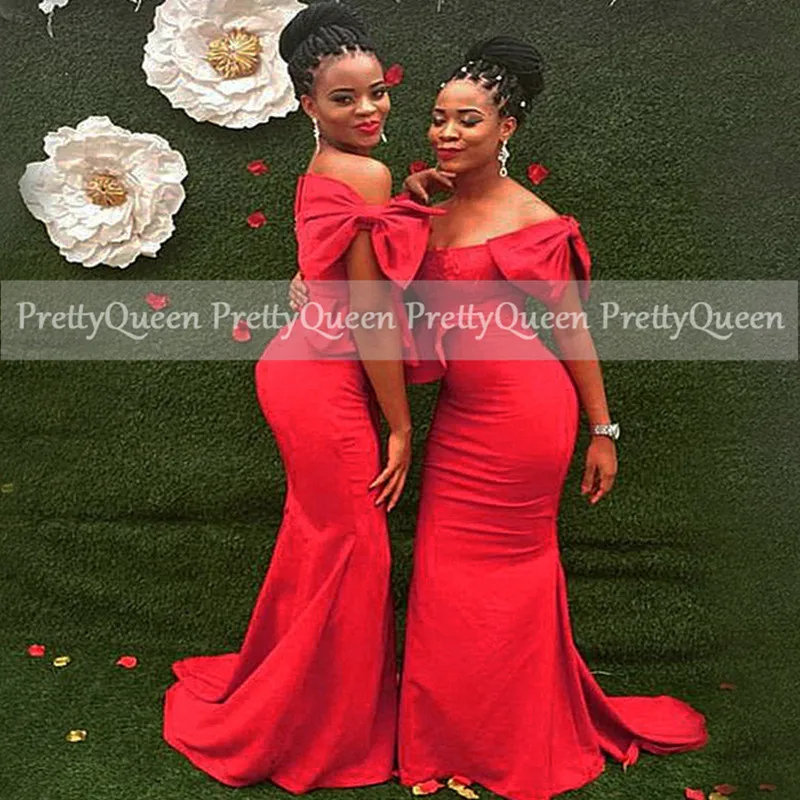 

2021 Mermaid Red Bridesmaid Dresses With Bows Off Shoulder Women Long Vestido De Mujer Wedding Party Dress Maid Of Honor