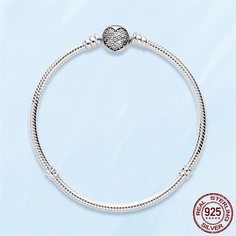 

Hot Sale 925 Sterling Silver Sparkling Heart Clasp Snake Chain Bracelet For Women For Original DIY Charm Beads Fashion Jewelry