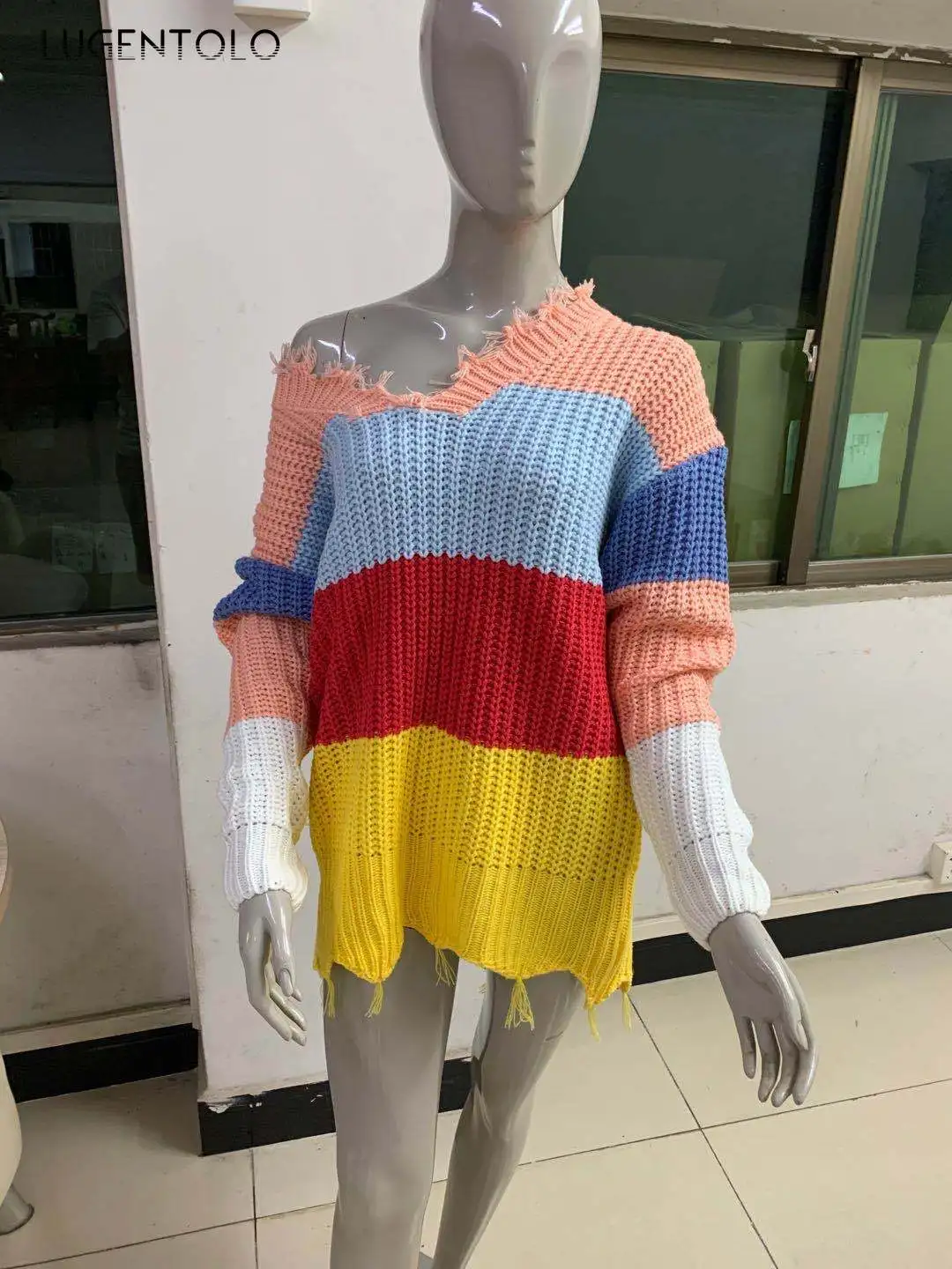 

Lugentolo Autumn Winter Women Knitted Sweater Rainbow Stripes Color Matching Casual Irregular Tassled Female Loose Sweater