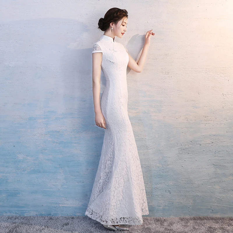 Кружевное изысканное платье-Ципао с белыми цветами винтажное платье на