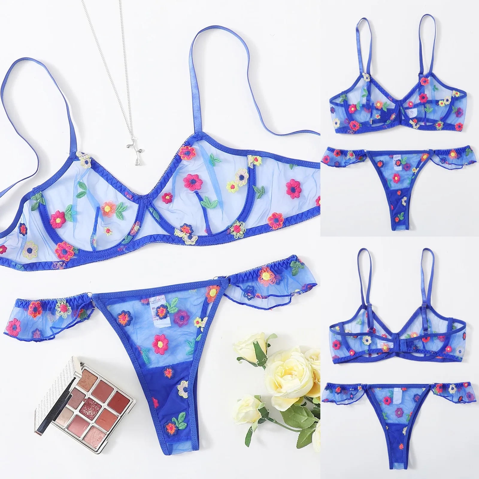 

Sexy Flowers Embroidery Thong Underwear Set Women Bustier Lingerie Lace See Through Pajama Set Bra+Panties Pyjamas