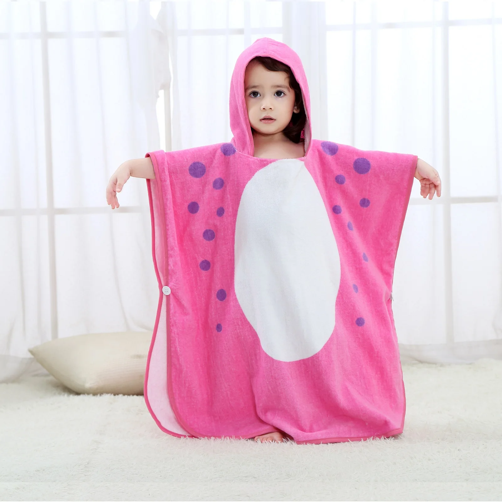 Полотенце-пончо розовый динозавр из мягкой хлопковой махры розовое 140х70 см BABY FOX