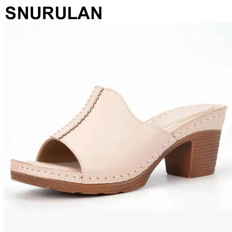 

SNURULANSummer New Women's Slippers Lightweight PU Leather Shoes 7cm Block Heel Mules Elegant Pink Sandals Plus size