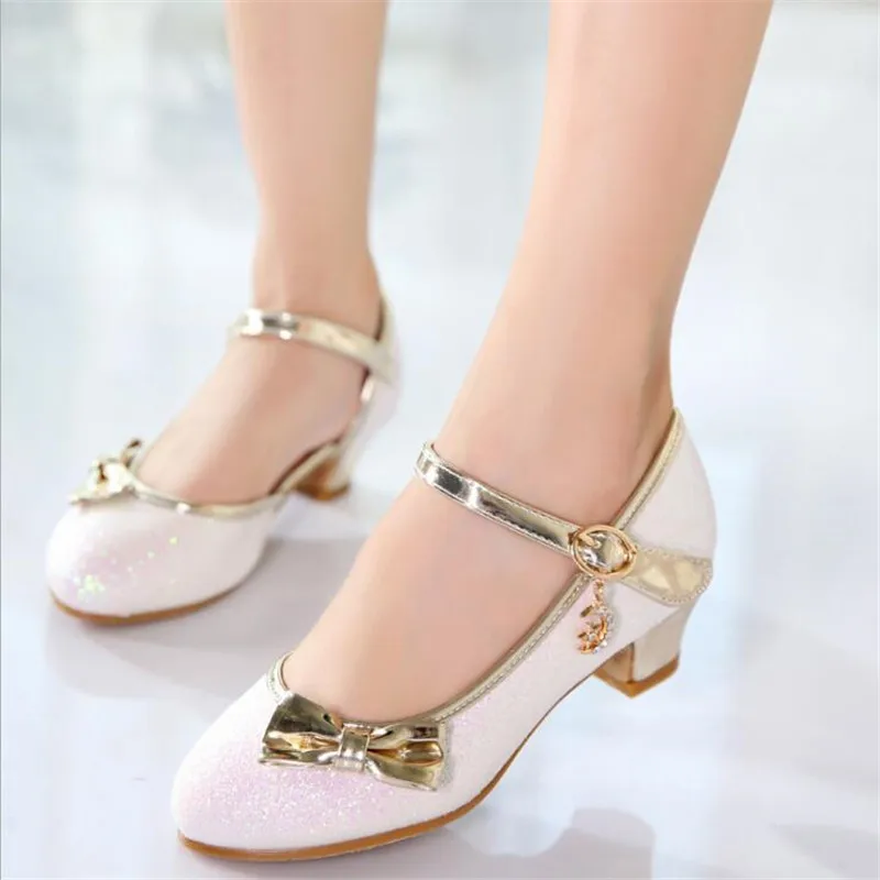 Сандалии принцессы детские на высоком каблуке модная обувь с блестками бантом