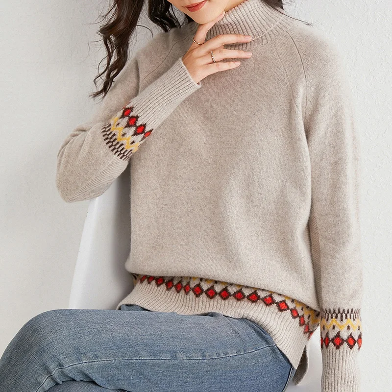 2020 autumn and winter new turtleneck sweater women 100% wool loose and thin knitted  long-sleeved bottoming shirt