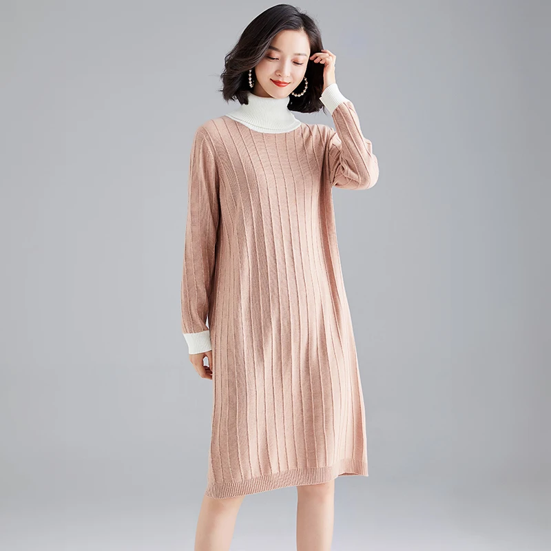 Кашемировое платье с высоким воротником высокое качество Осень-зима женское