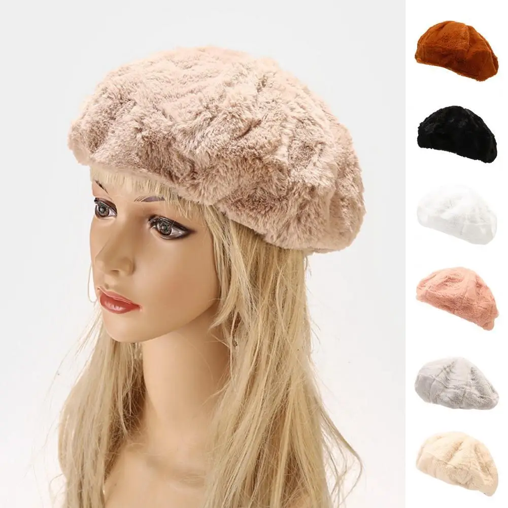 

Ele-choices 2021 7 Colors Solid Color Beret Hat Plush Women Thickened Warm Cap for Daily Outdoor Wear