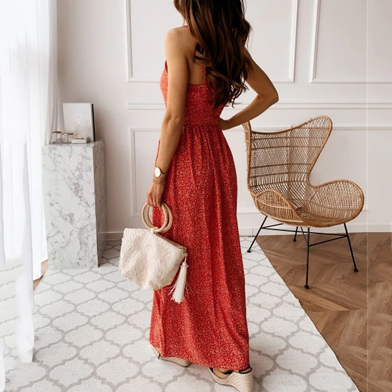 

Spaghetti Strap Printed Floral Long Dress Boho Beach Summer Women Sleeveless V-neck Buttons Open Stich Midi Sundress SJ6407V