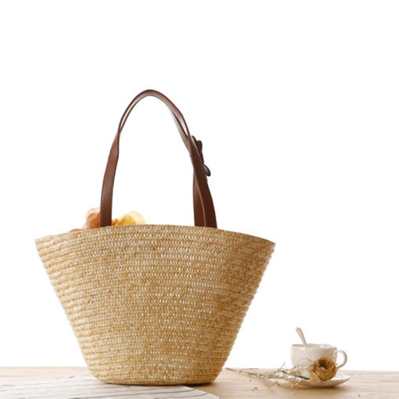 

1pcs Pastoral Style Woven Straw Beach Bag with Silk Flower & 1pcs Flower Bow Ribbon Handle Woven Beach Handbags
