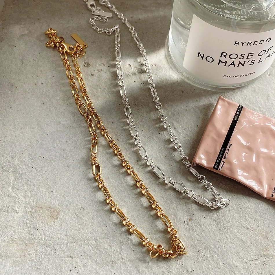 

CHUANGU 925 Sterling Silver Simple Thick Hollow Chain Clavicle Necklace Bold Chain Choker Necklace For Women Collar Jewelry