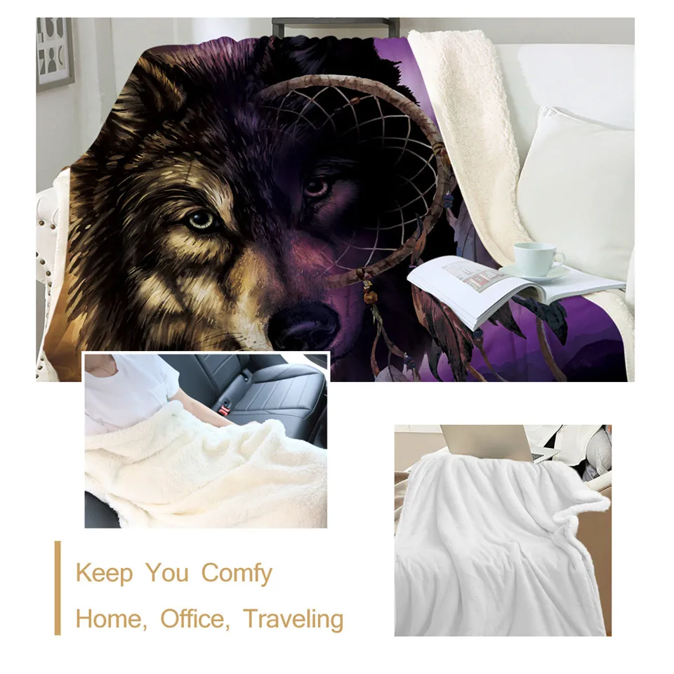 Плед волка с ловцом снов BeddingOutlet одеяло объемным изображением гор фиолетовое