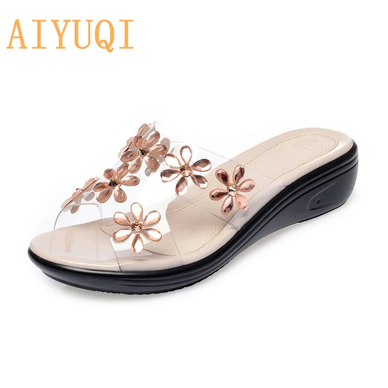 

AIYUQI Women's Slippers Wedge With Large Size 41 42 43 New Shiny Flowers Women's Slides Non-slip Casual Fashion Mom slippers