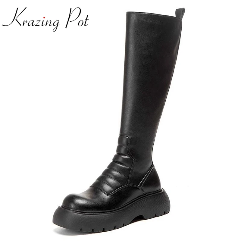 

Krazing Pot cow leather European equestrian boots round toe winter zip platform black color handsome med heels knee high boots