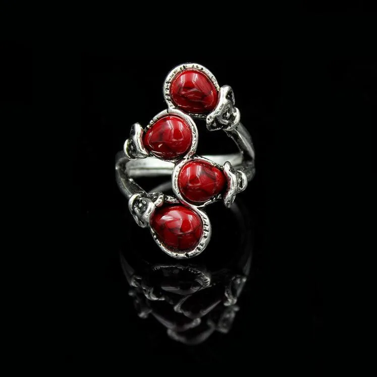 Fashion Bohemia Calaite Stone Rings Tibet Antique Silver Color Rings Alloy Carving Rings Leaf Branch Finger Rings For Women - Цвет основного камня: Red