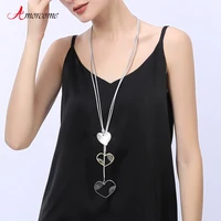amorcome trendy boho long sweater chain leather necklace women female heart pendant adjustable necklaces jewelry gift 80cm