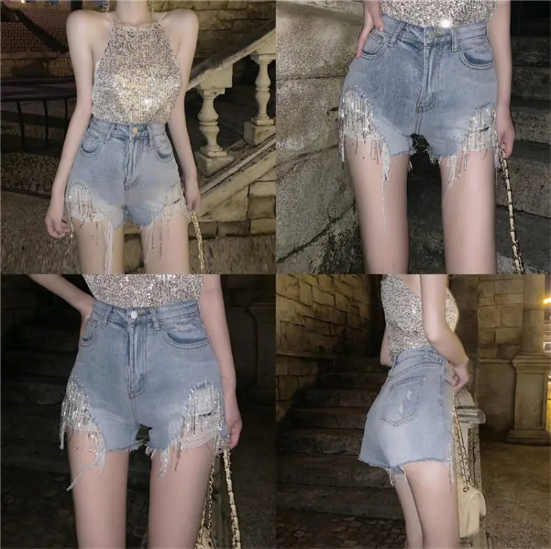 Korean Style Solid Tassel Diamond Chain Female Denim Shorts Women High Waist Wide-leg Loose Hole Jeans Short 2020 Fashion | Женская