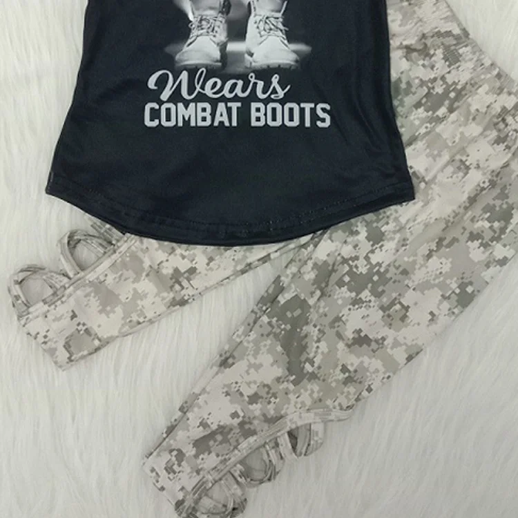 

Baby Girls Spring Outfit Camouflage Cross-Strap Leggings Letter Boots Print Raglan Short Sleeve Kids Clothes