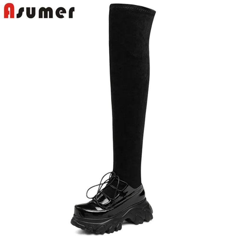 

ASUMER 2021 New Arrive Over The Knee Boots Women Square Heel Platform Shoes Cross Tied Round Toe Long Stretch Boots Women