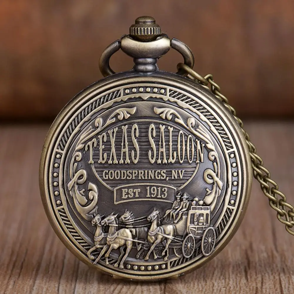 Античная бронза TEXAS SALOON кварцевые карманные часы винтажный кулон ожерелье Fob
