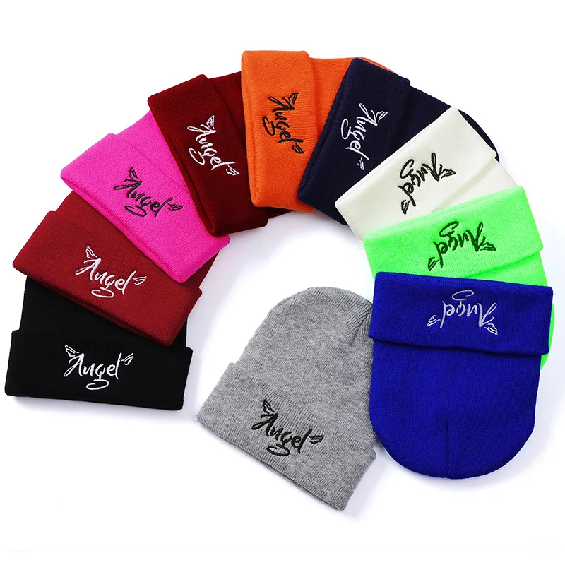 

SHATANGJU Women's Hat Beanies For Angle Embroidery Skullies Cuffed Child Knitted Beanie Cap Winter Girl Solid Warm Hat Female
