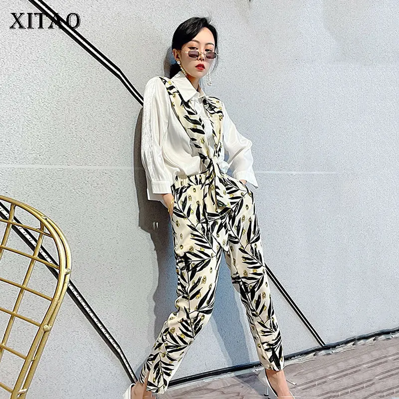 

XITAO Trendy Women Pants Sets Fashion Contrast Color Print Splicing Turn-down Collar Top Simplicity Temperament Pants WMD2329