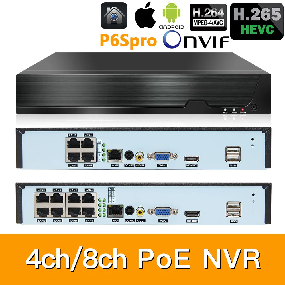 Сетевой видеорегистратор H.265 сетевой 4/8 каналов для HD IP-камеры 5 Мп/1080P 802.3af ONVIF Мп/5