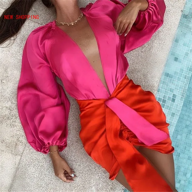 

Sexy Deep V-neck Satin Two Piece Set Long Sleeve Top Short Skirt Set Matching Casual Partywear Autumn Winter Women Set Pink Blue