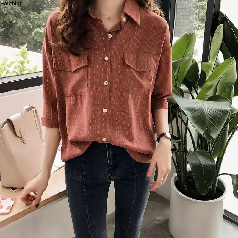 

Houthion New Women Blouse Stripe Loose Comfortable Fashion Leisure Top Summer Button Half Turn-down Collar Shirts