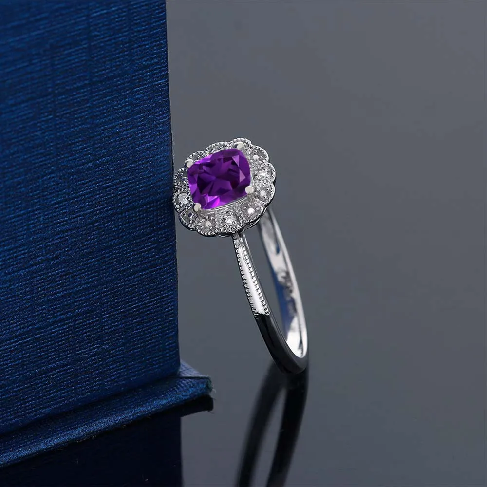 10K кольцо из белого золота Подушка Фиолетовый аметист с бриллиантовым акцентом (в
