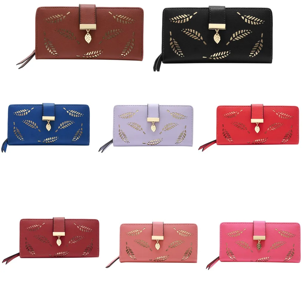 Женский Одноцветный длинный кожаный бумажник с бахромой и полым листом женский