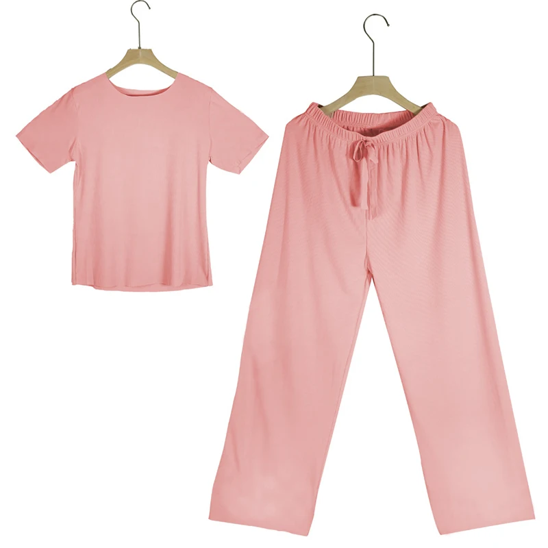 

2 Two Piece Set Women O Neck Crop Top Draped Long Pants Summer Chiffon Short Sleeve Girl Tracksuit Pink Conjunto Feminino 2020