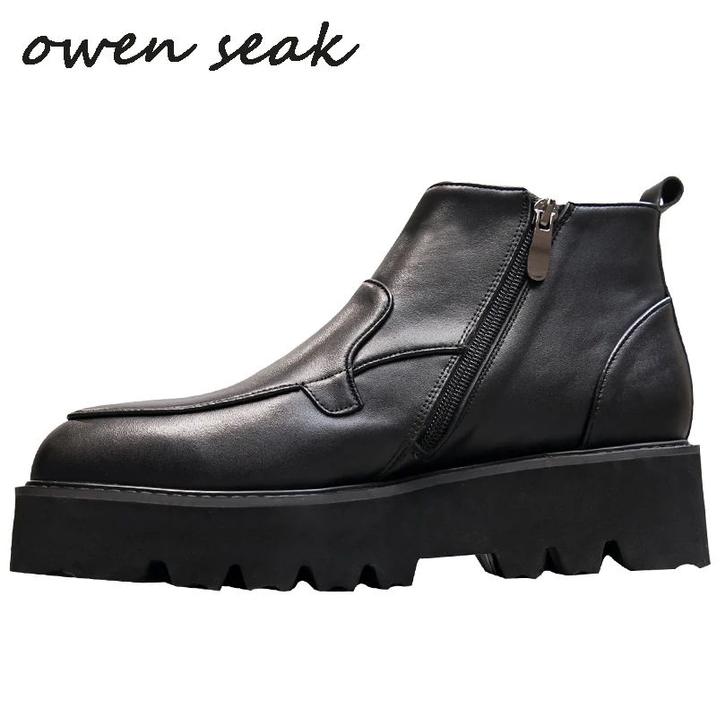 

Owen Seak Men Chelsea Boots Genuine Leather High-TOP Ankle Heighten Luxury Trainers Casual High Street Flats Autumn Winter Shoes