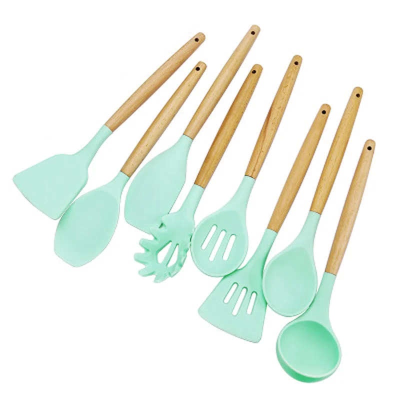 

Kitchen Set Silicone Cooking Utensils Kitchen Utensil Set - 9/11 Natural Wooden Silicone Cooking Utensils- Kitchen Tools Gadgets