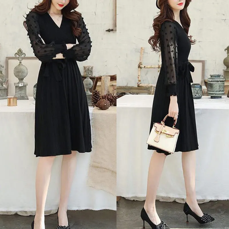 Новая мода женское шифоновое платье миди с длинным рукавом-фонариком глубокий